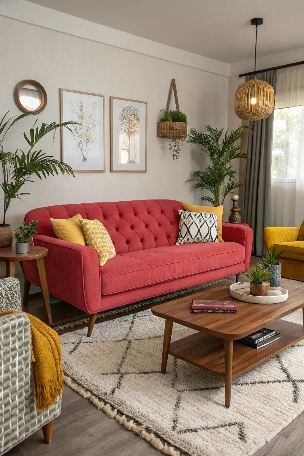 A living room defined by a bold statement sofa.