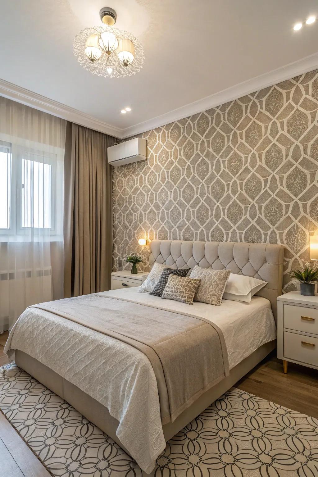 An apartment bedroom featuring a stylish feature wall covered in eye-catching wallpaper.