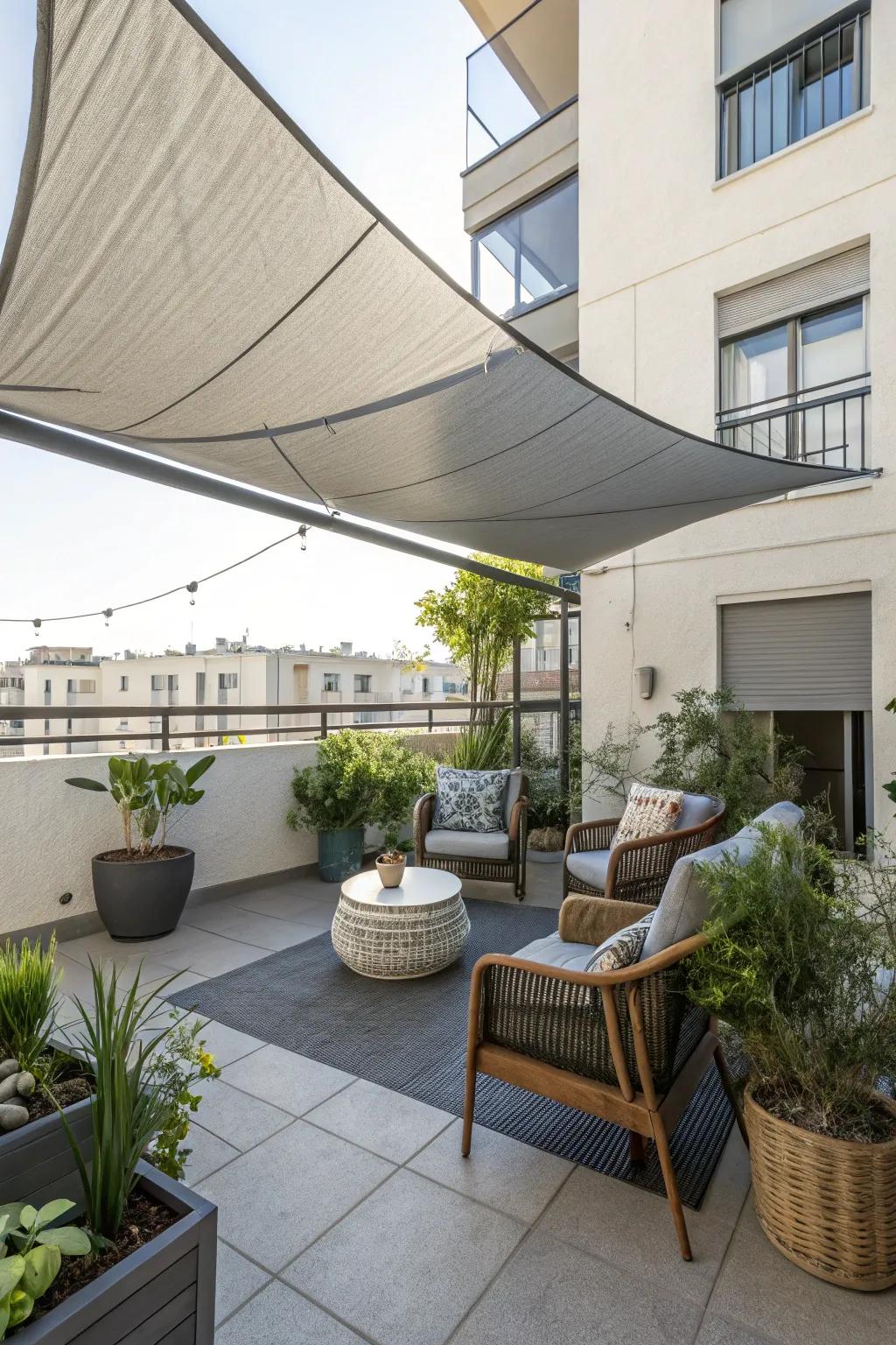 A shade sail furnishes sun safeguarding and flair.
