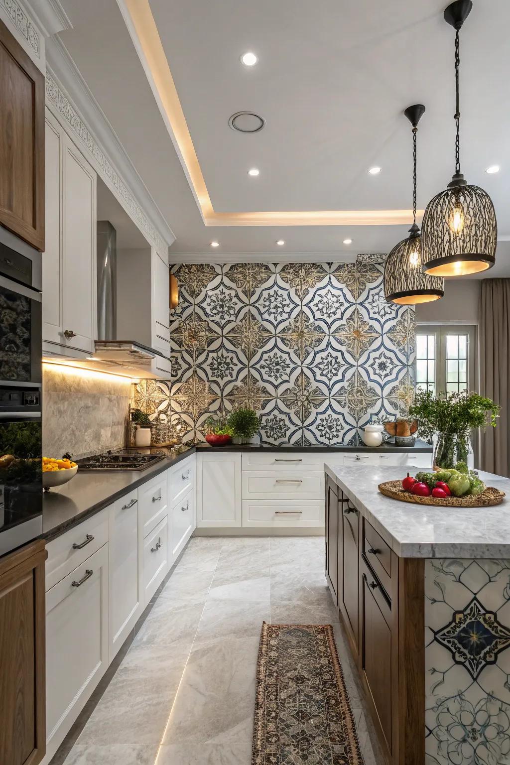 A daring kitchen features large-format arabesque tiles for an impactful design.