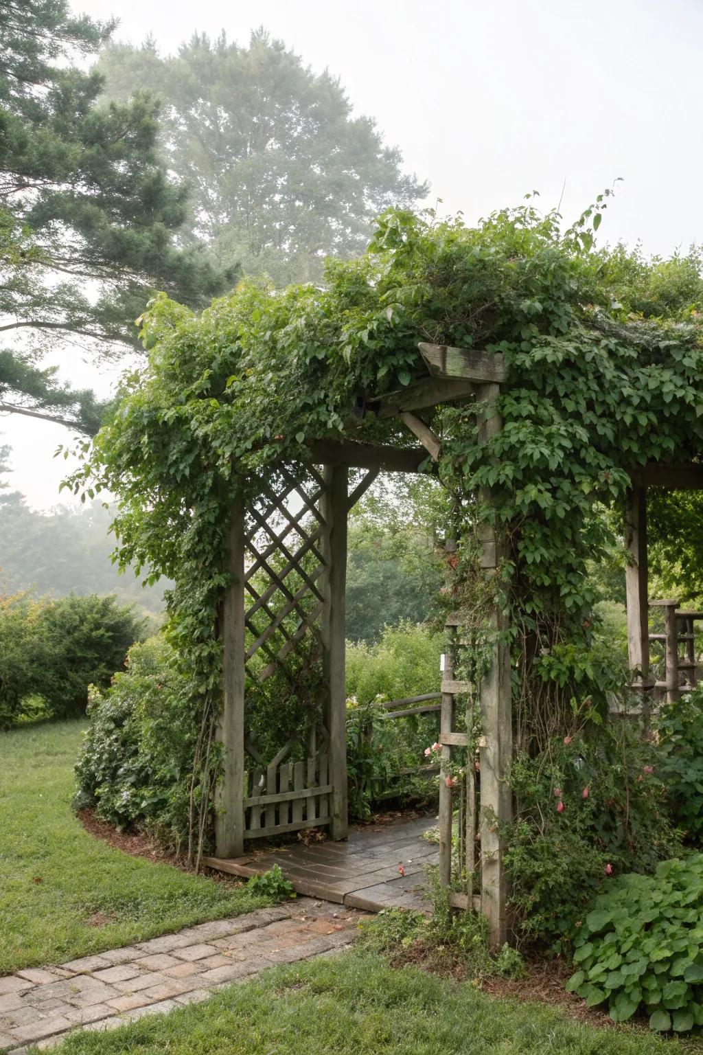 An personal garden space with a privacy screen arbor.