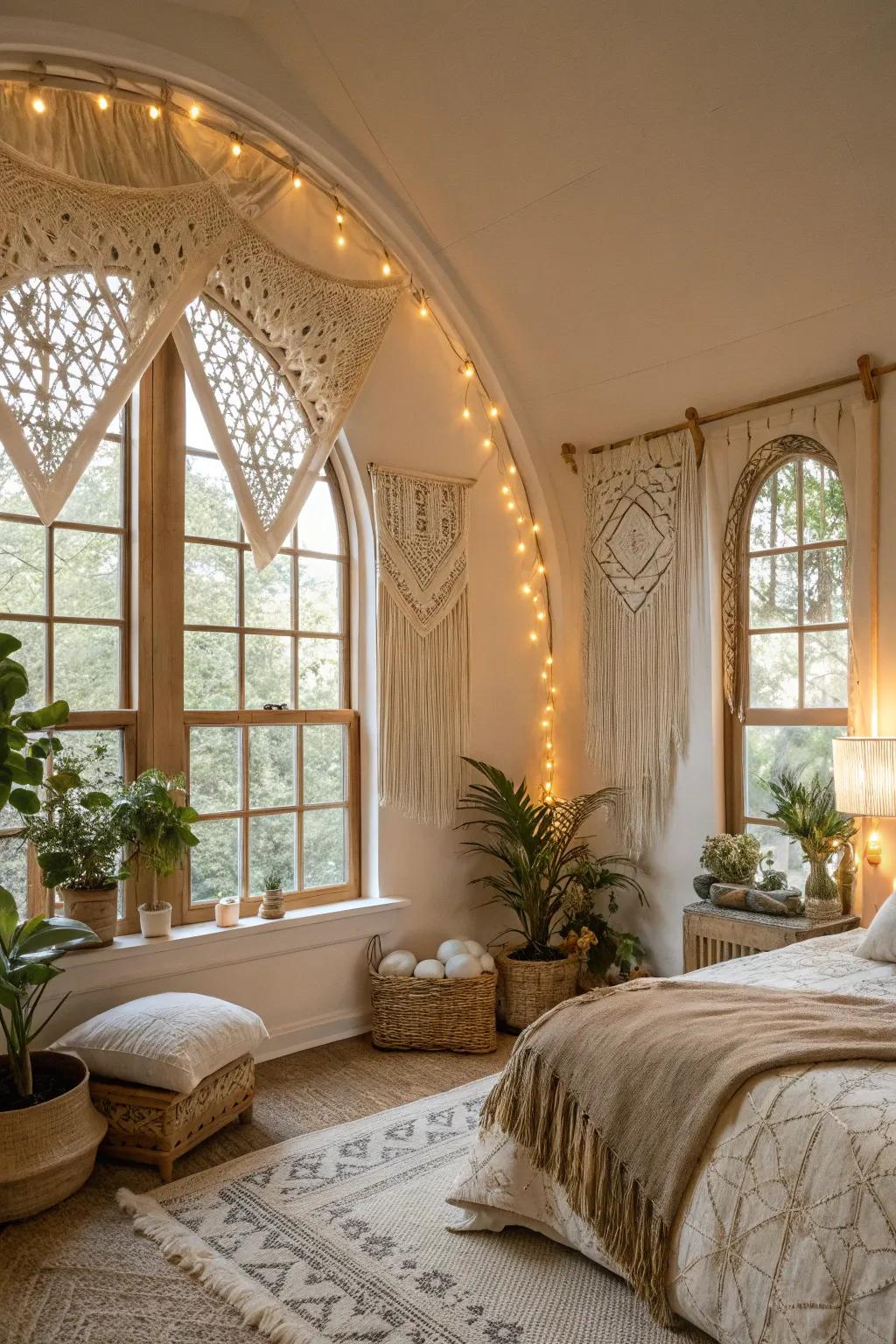 A bohemian boudoir showcases netting arrangement on arched windows.