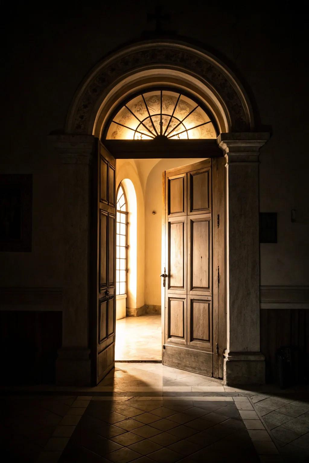 A tactically illuminated archway gate enhancing the theatrics of the zone.