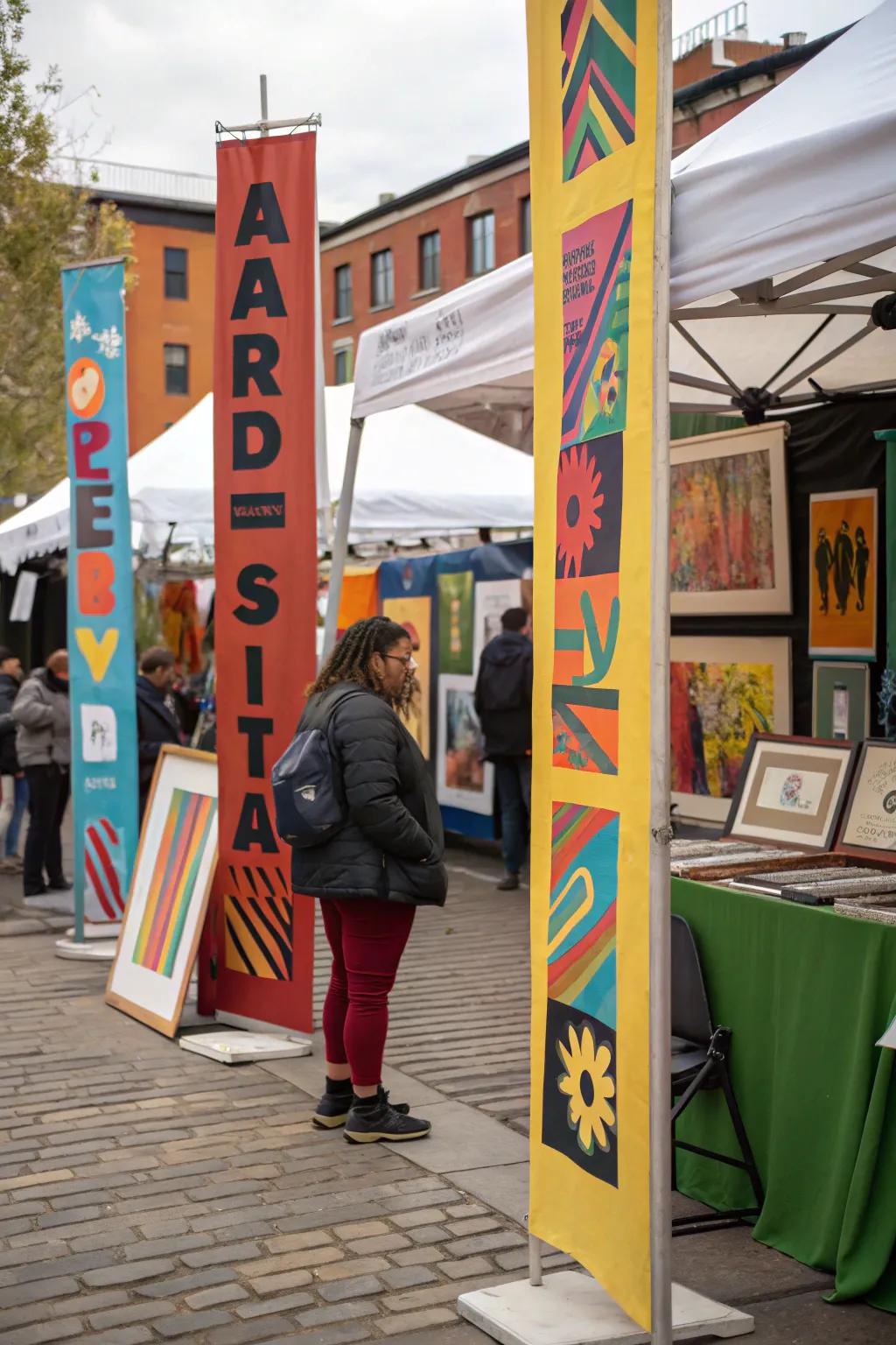 Elevated signs render the exhibition area readily identifiable, even amidst bustling locales.