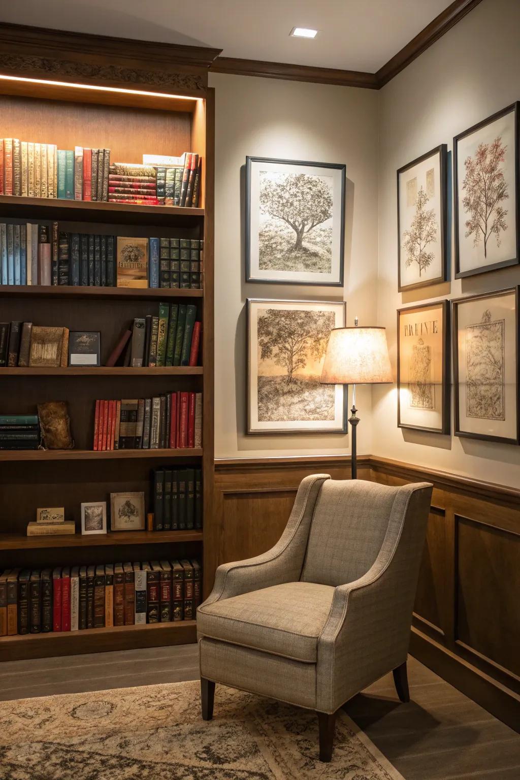 Art over shelving utilizes vertical space effectively and stylishly.