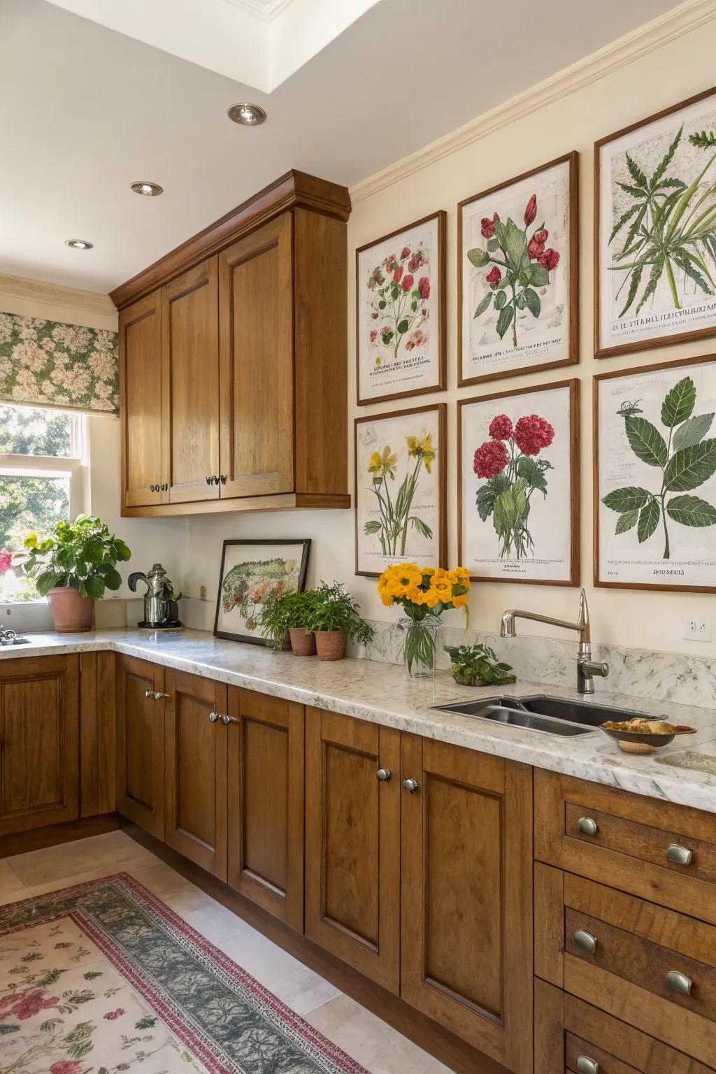 Floral art incorporates a vibrant and lively ambiance to the culinary space.