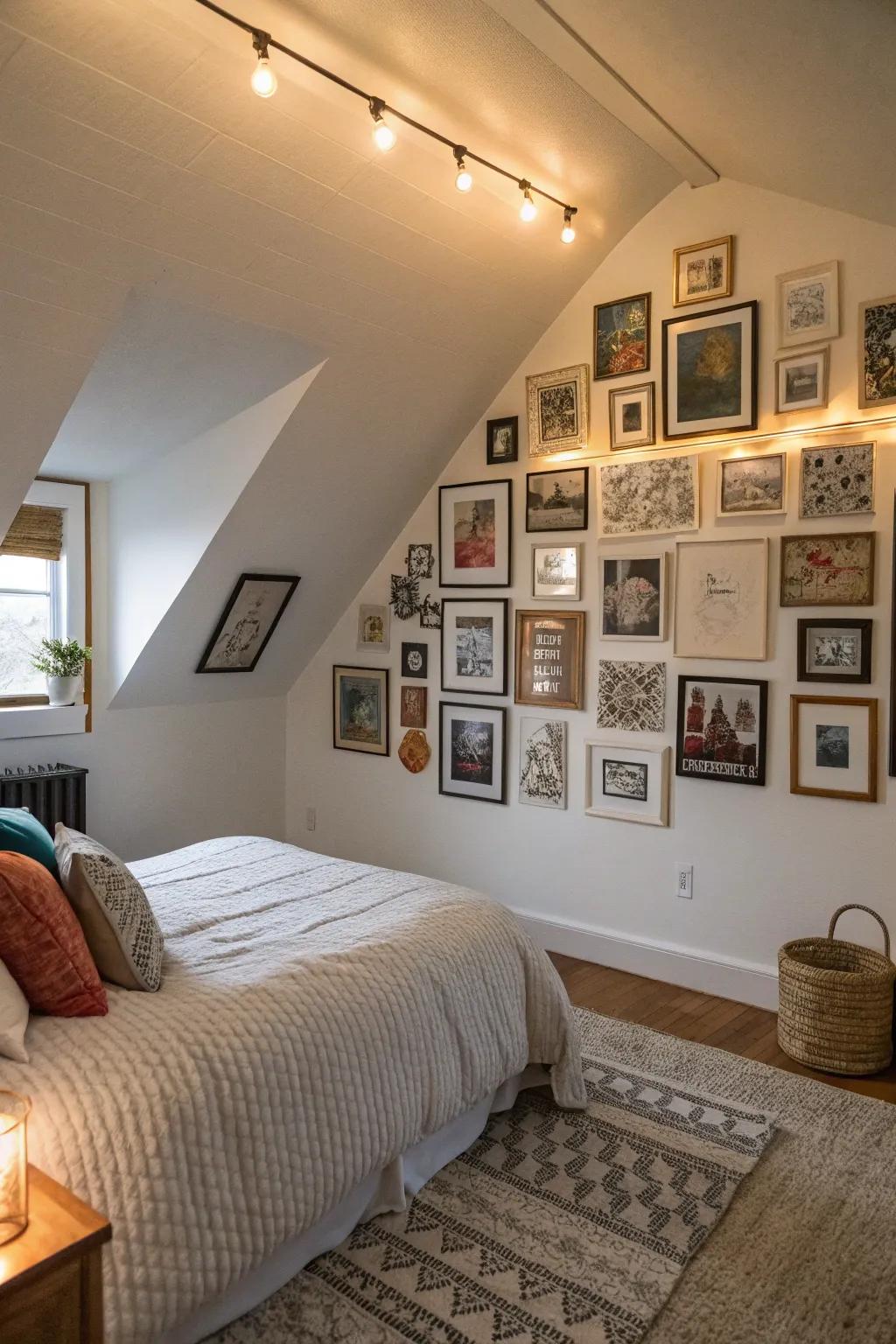 A display wall adds character and interest to your attic bedroom.