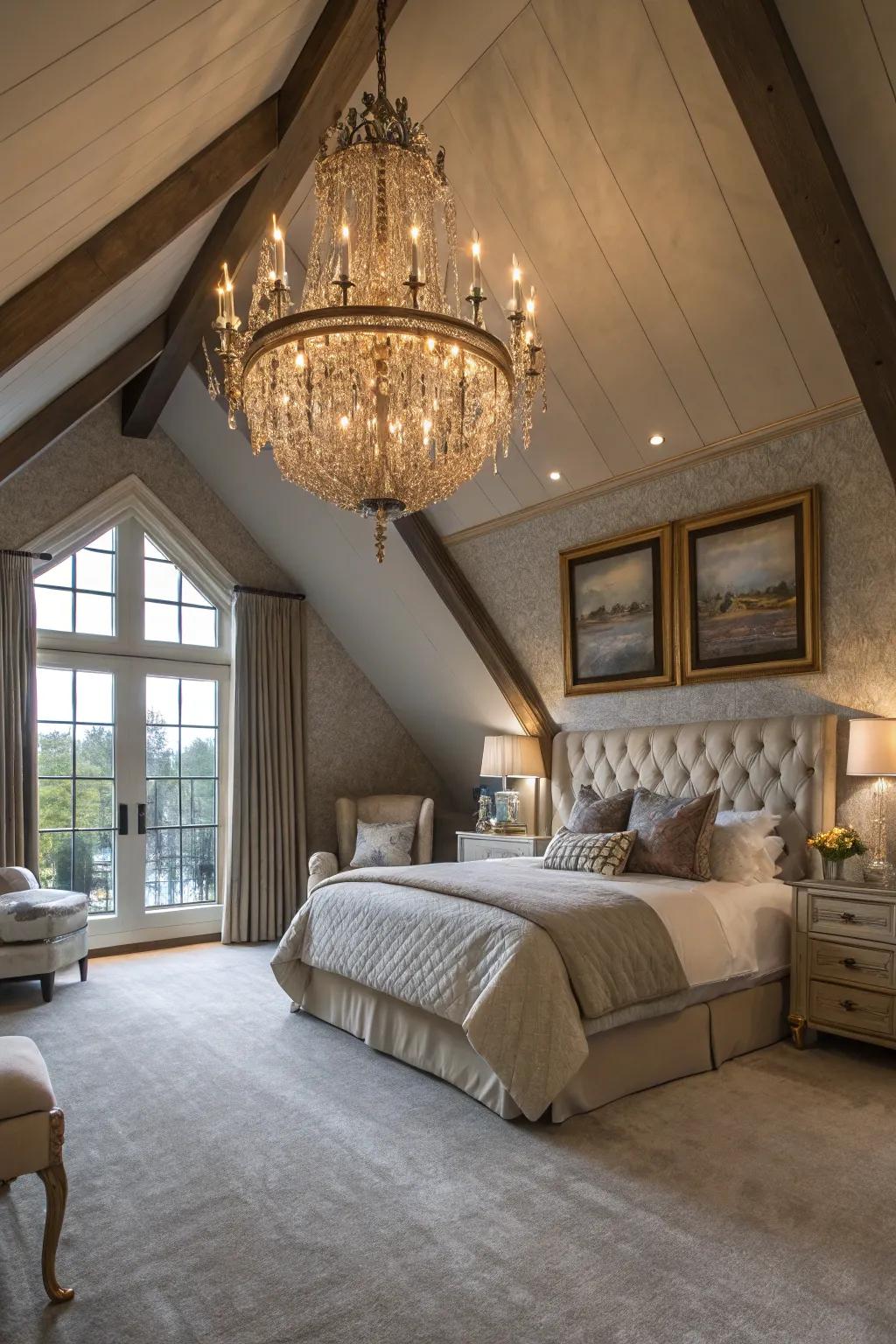 A striking light fixture introduces elegance and focus.