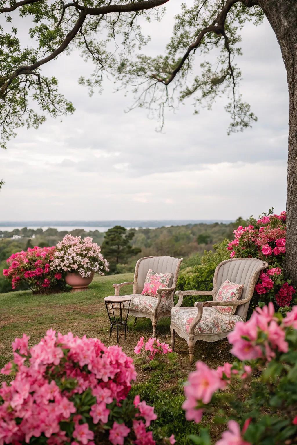 A romantic garden nook featuring azaleas and classic seating.