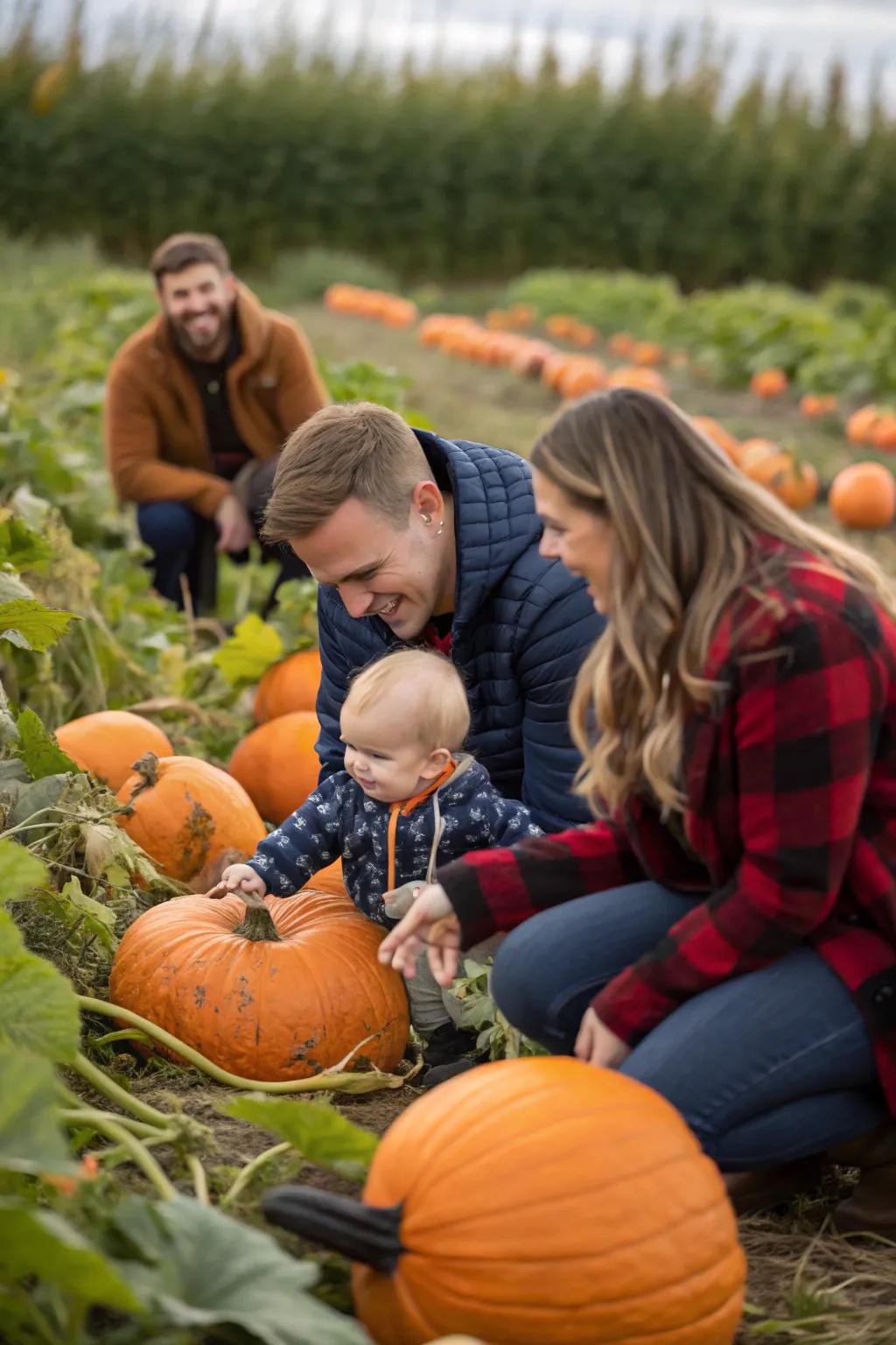 A pumpkin patch visit offers fun and photo opportunities.