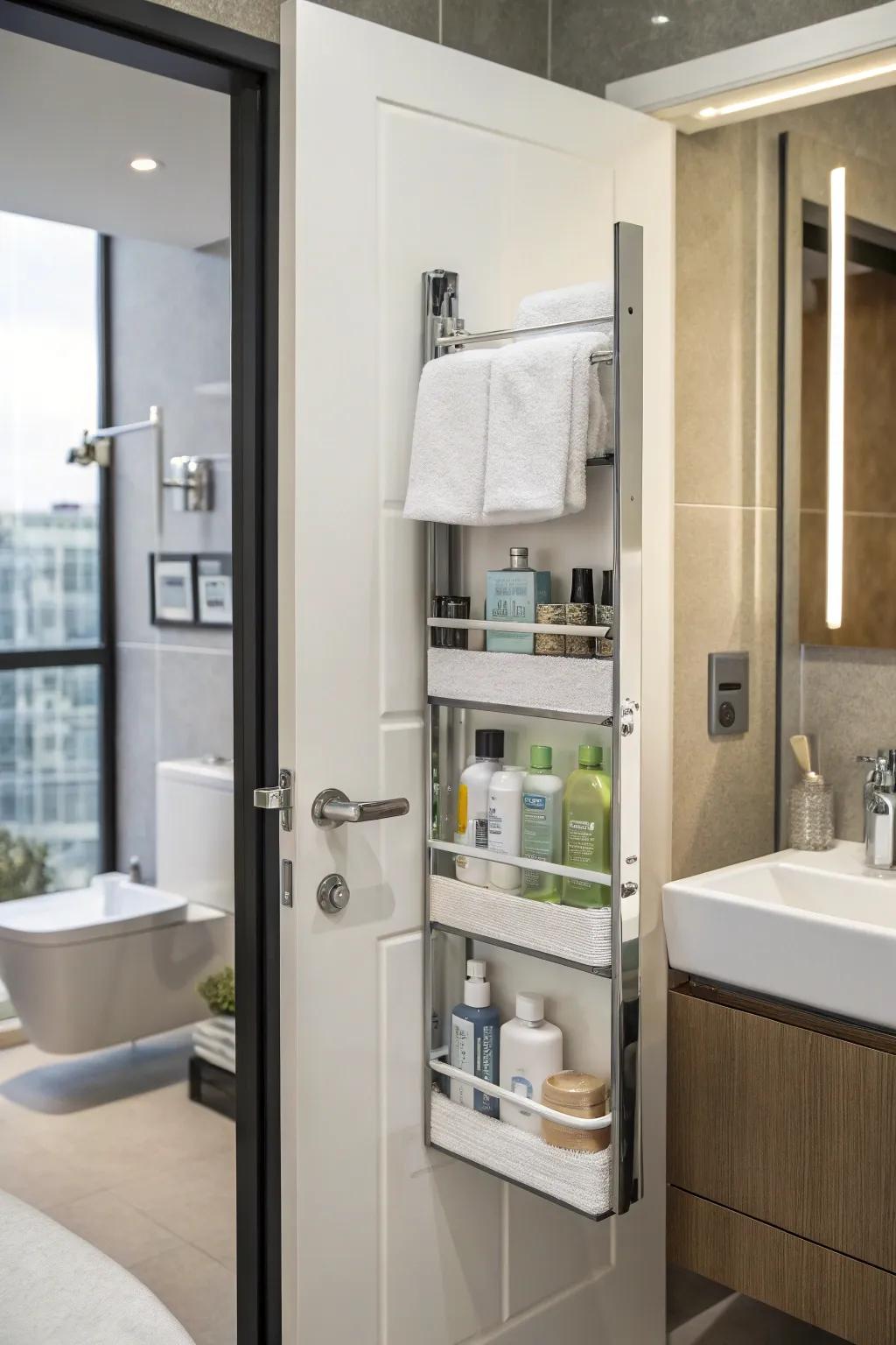Essentials can be stored and kept organized in a washroom.