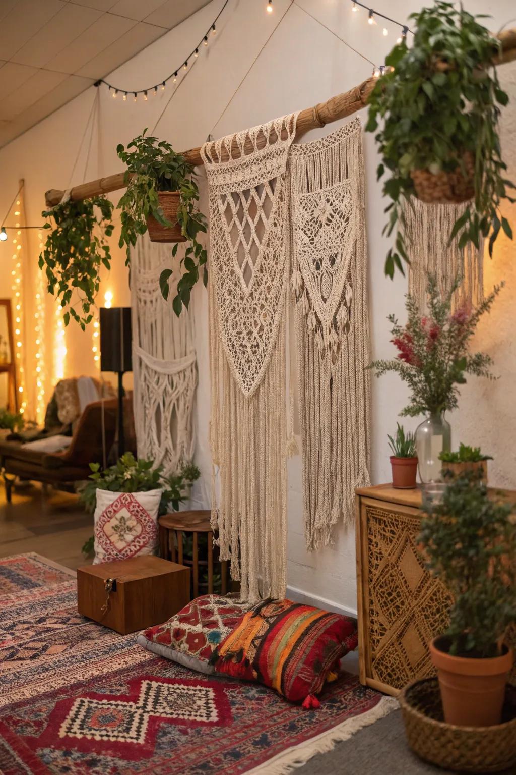 Introduce bohemian charm through a twine-crafted backdrop.