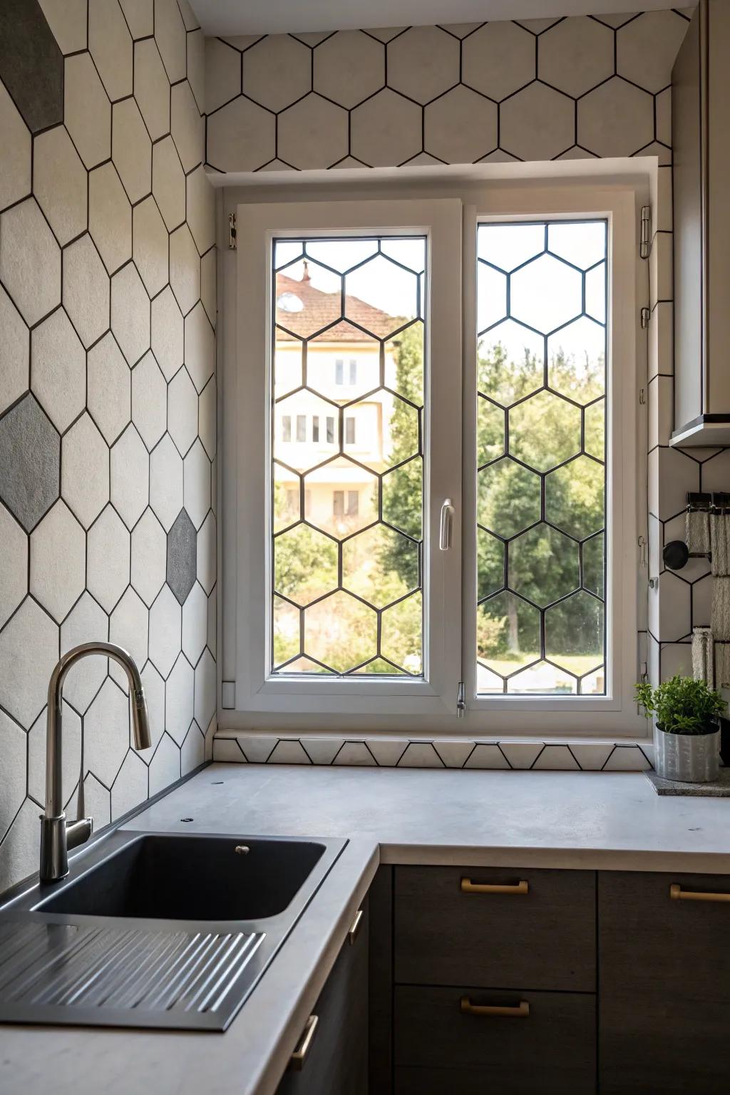 Hexagon panels providing a contemporary edge around a kitchen window.