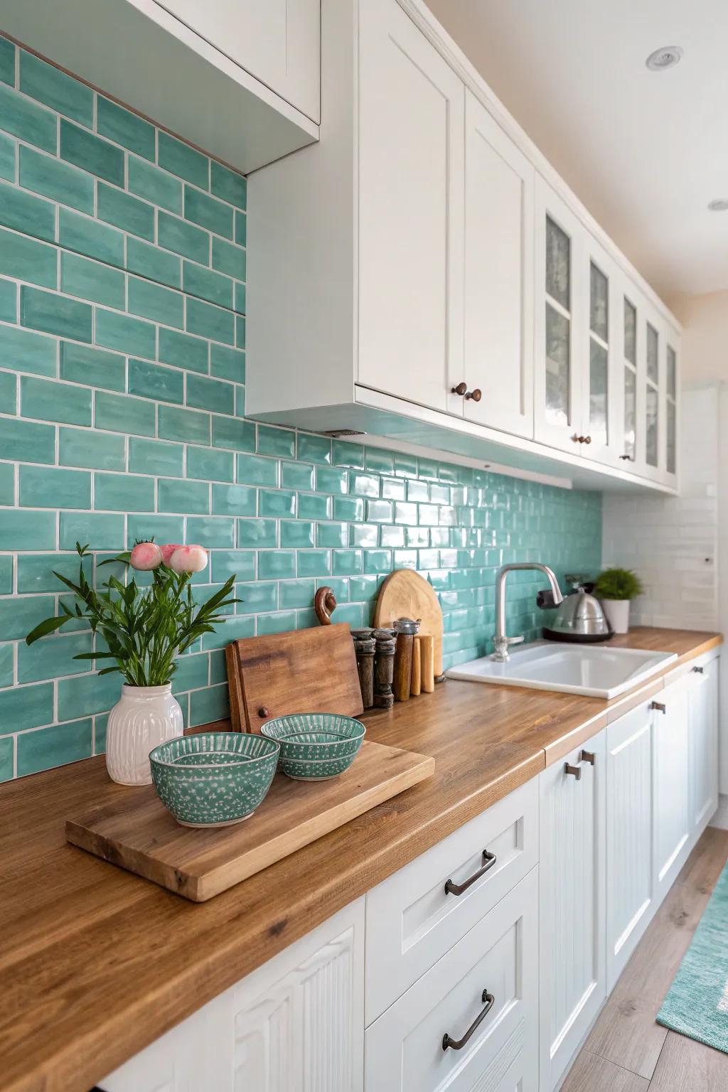Serene vibes with a tranquil turquoise backsplash.