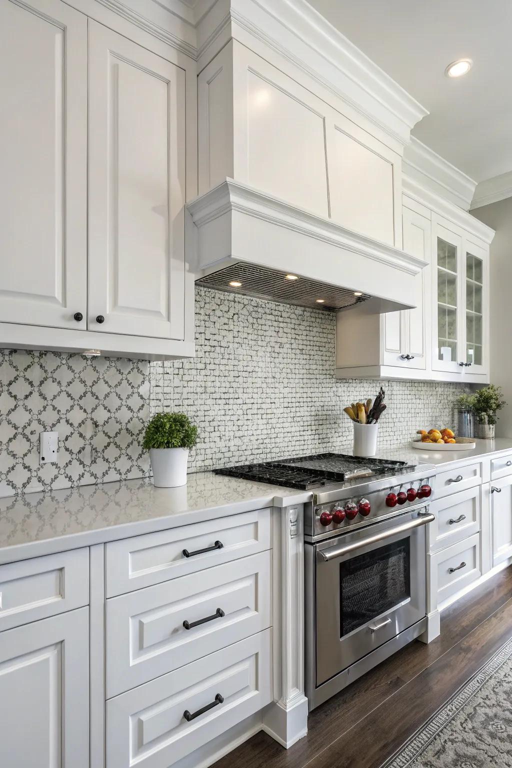 Uniform panels provide a minimalist touch in this white kitchen.