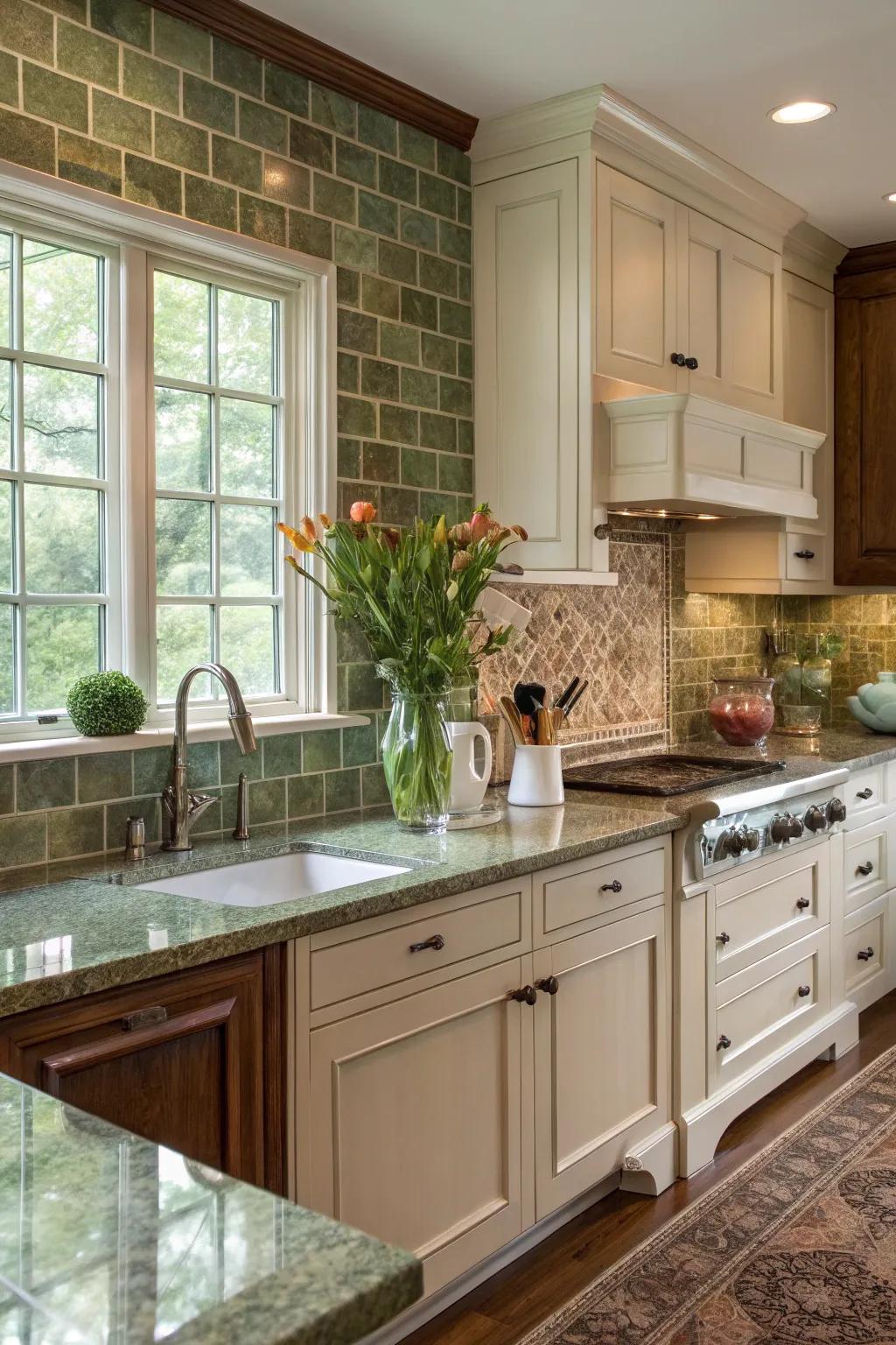 Aloe bricks offer a serene complement to mystic earth stone.