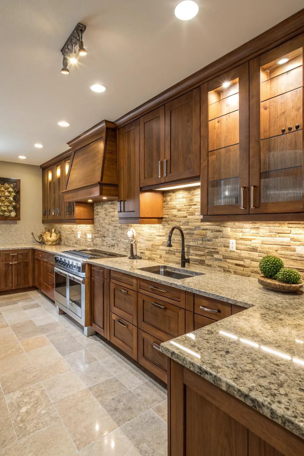 Stone worktops are warmed up by wood accents.