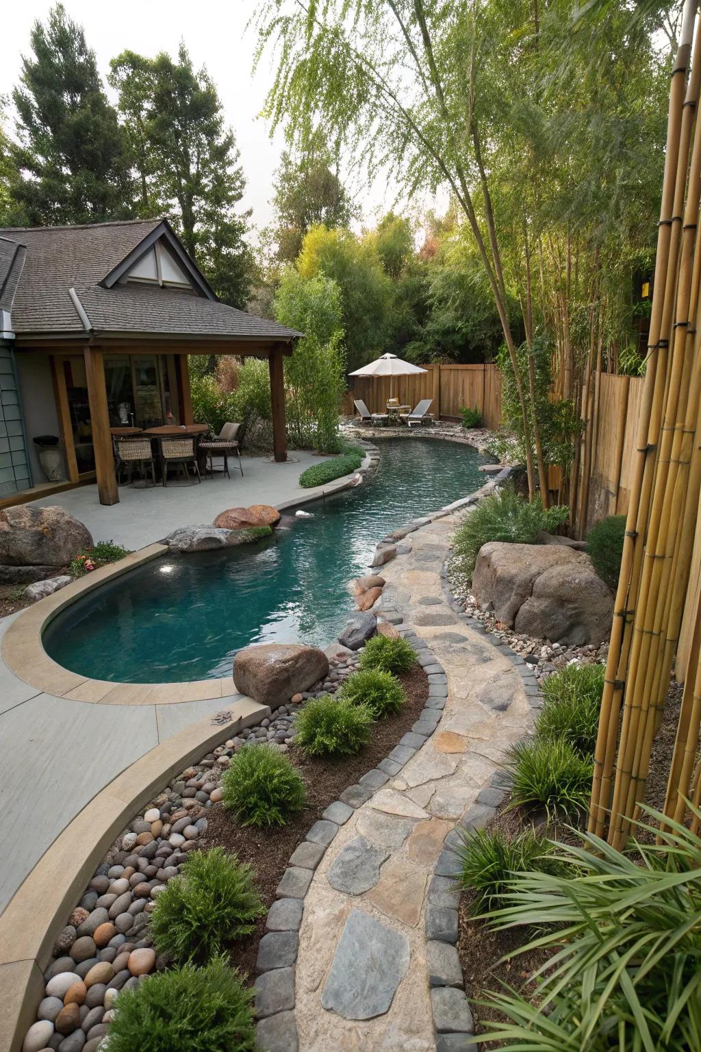 A Zen-inspired meandering pool area with bamboo and stones.