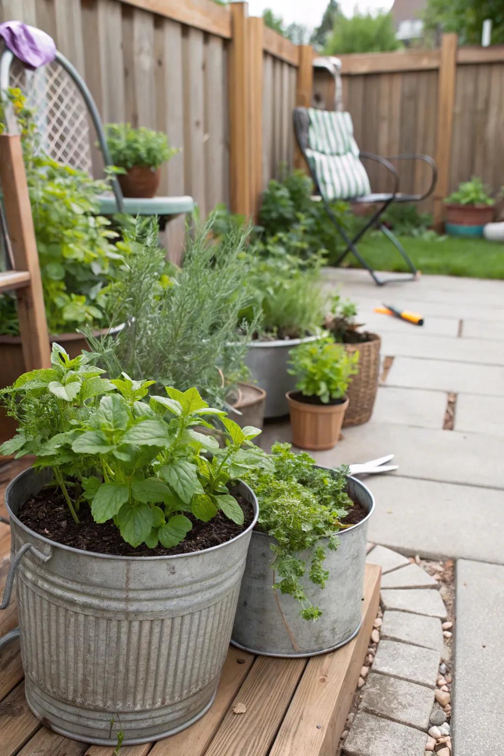 A vibrant spice garden in recycled containers.