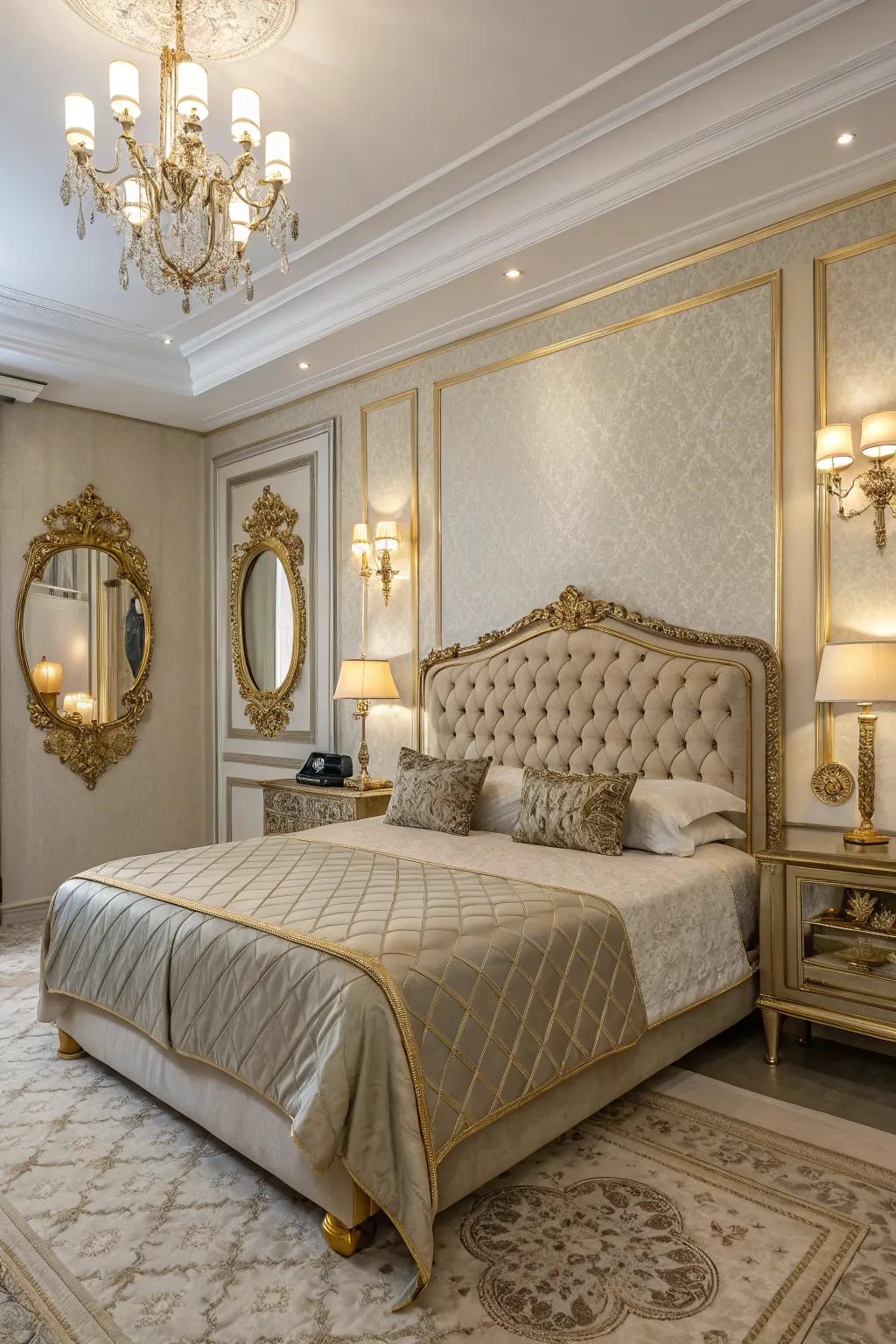 Gilded accents evoke a sensation of opulence.