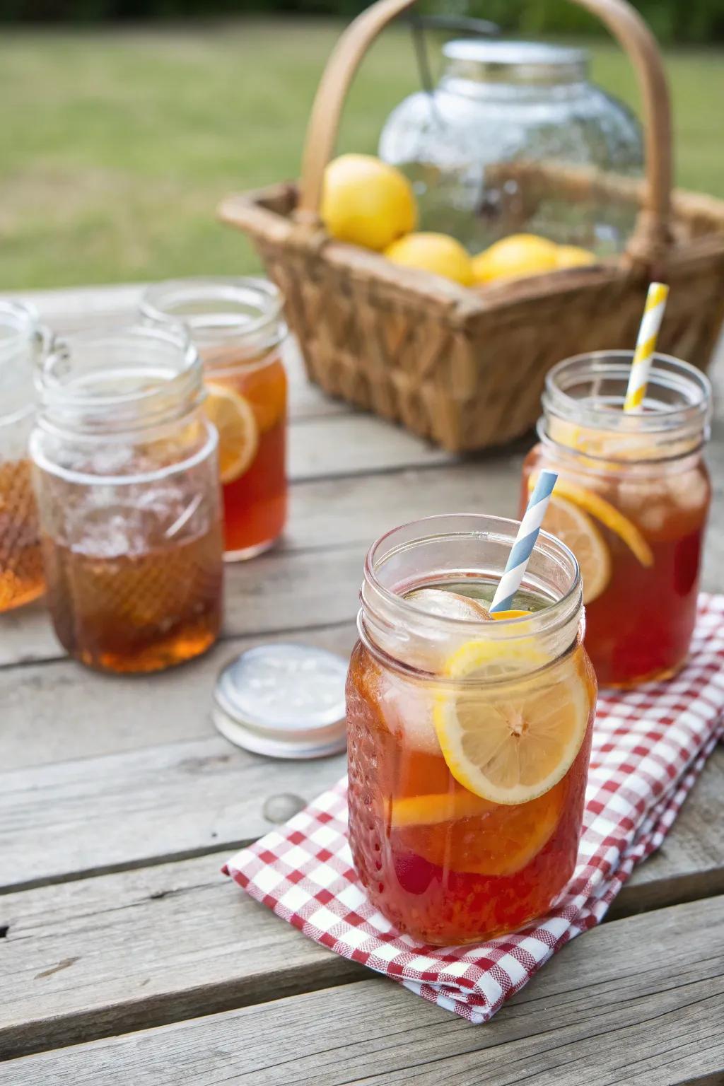 Stylish beverage cups made from preserving jars for informal gatherings.