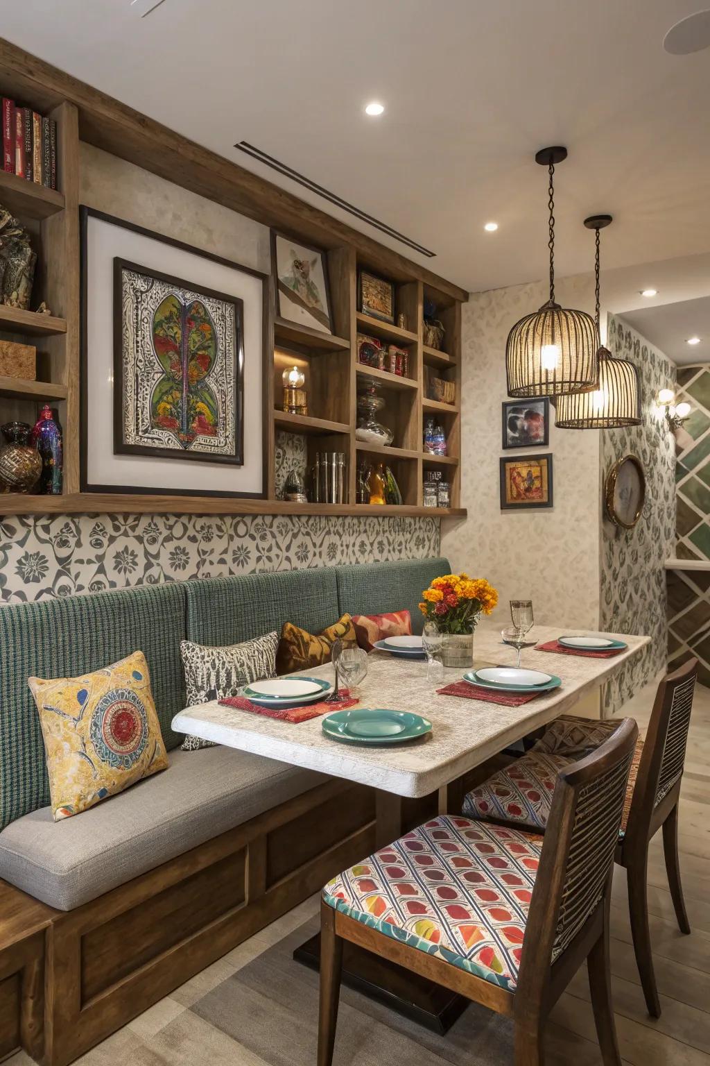 An assortment dining room showcasing mixed textures and designs on banquette seating.