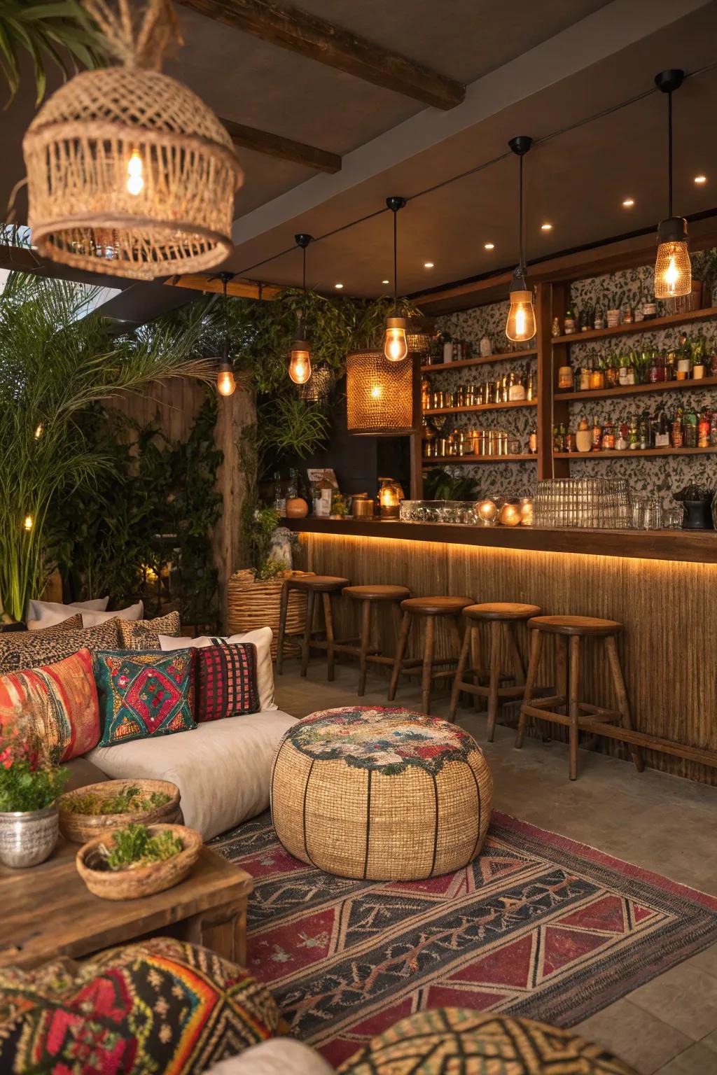 Free-spirited retreat enables relaxation through patterns.
