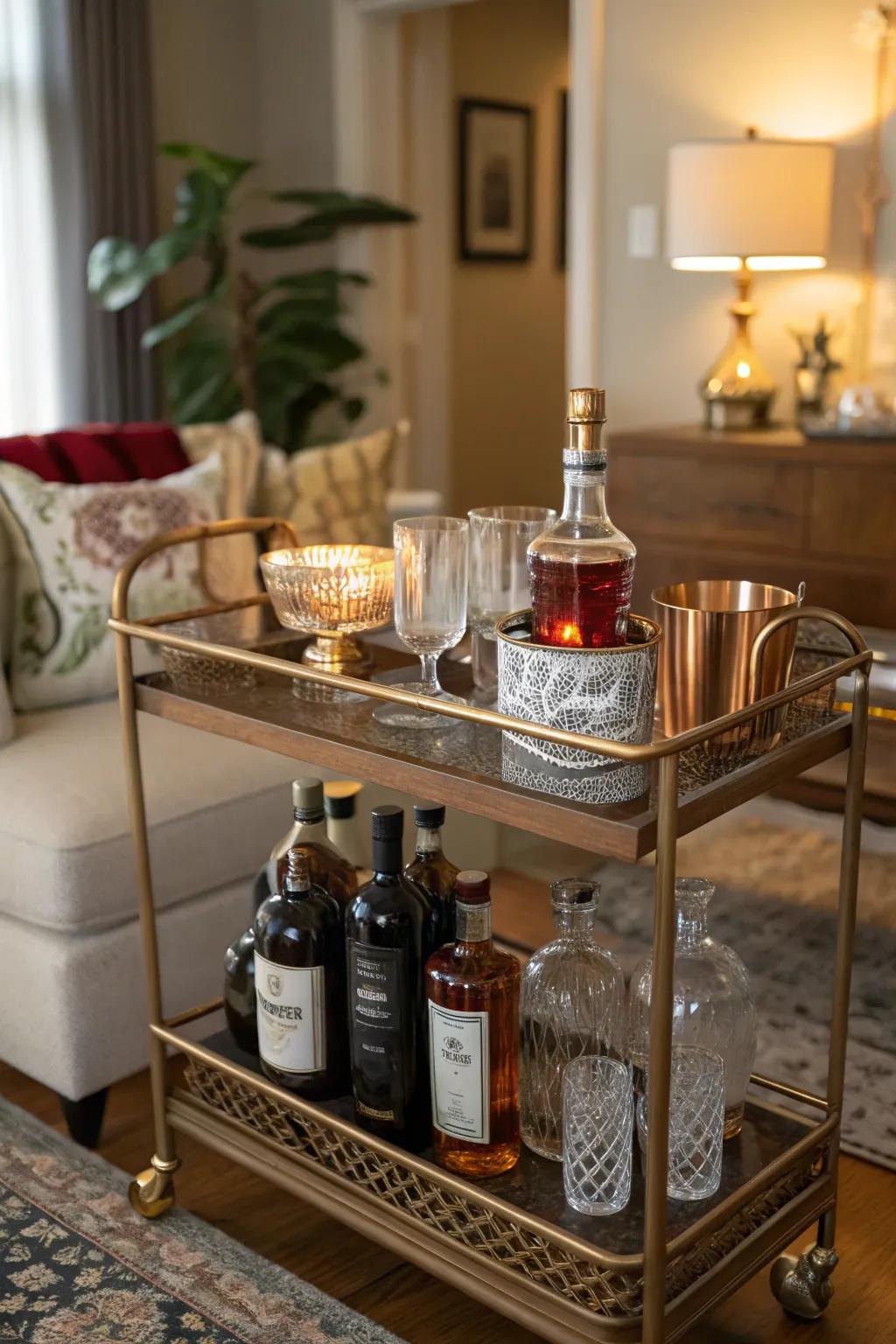 A classic bar cart introduces charisma and practicality into your home bar.