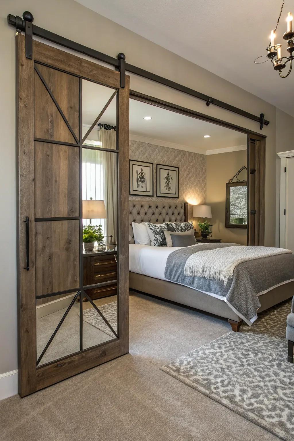 A gliding mirror stable door enhances functionality in this elegant bedroom.