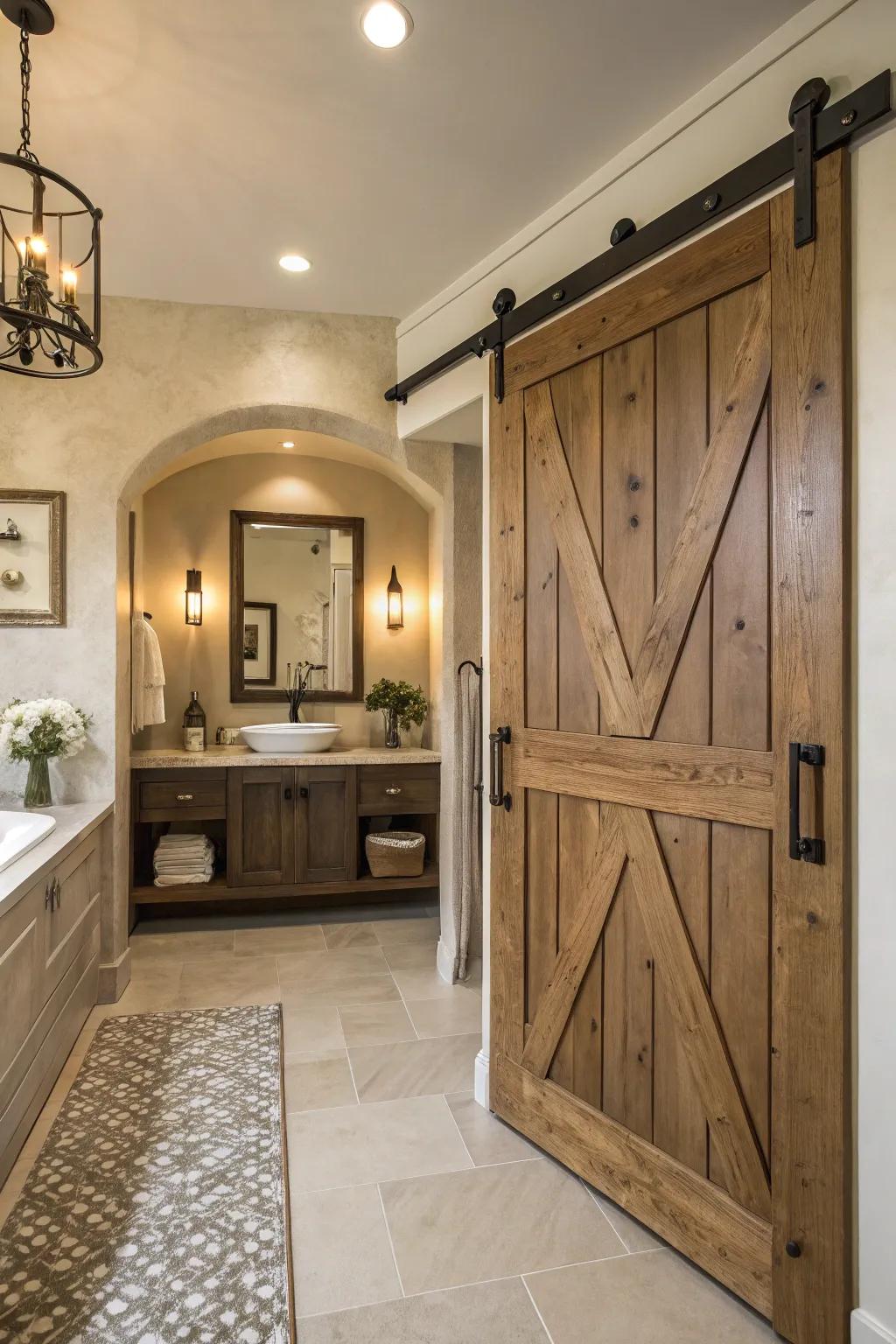 Curved outlines introduce grace and softness to the barn door design.