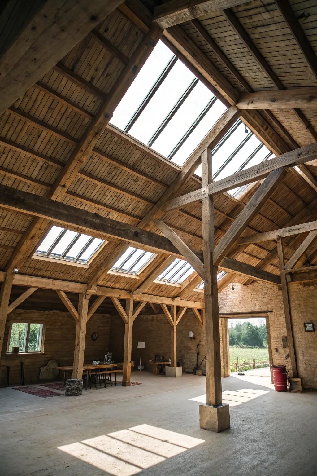 Overhead ports enhancing natural light and accentuating timber interiors.