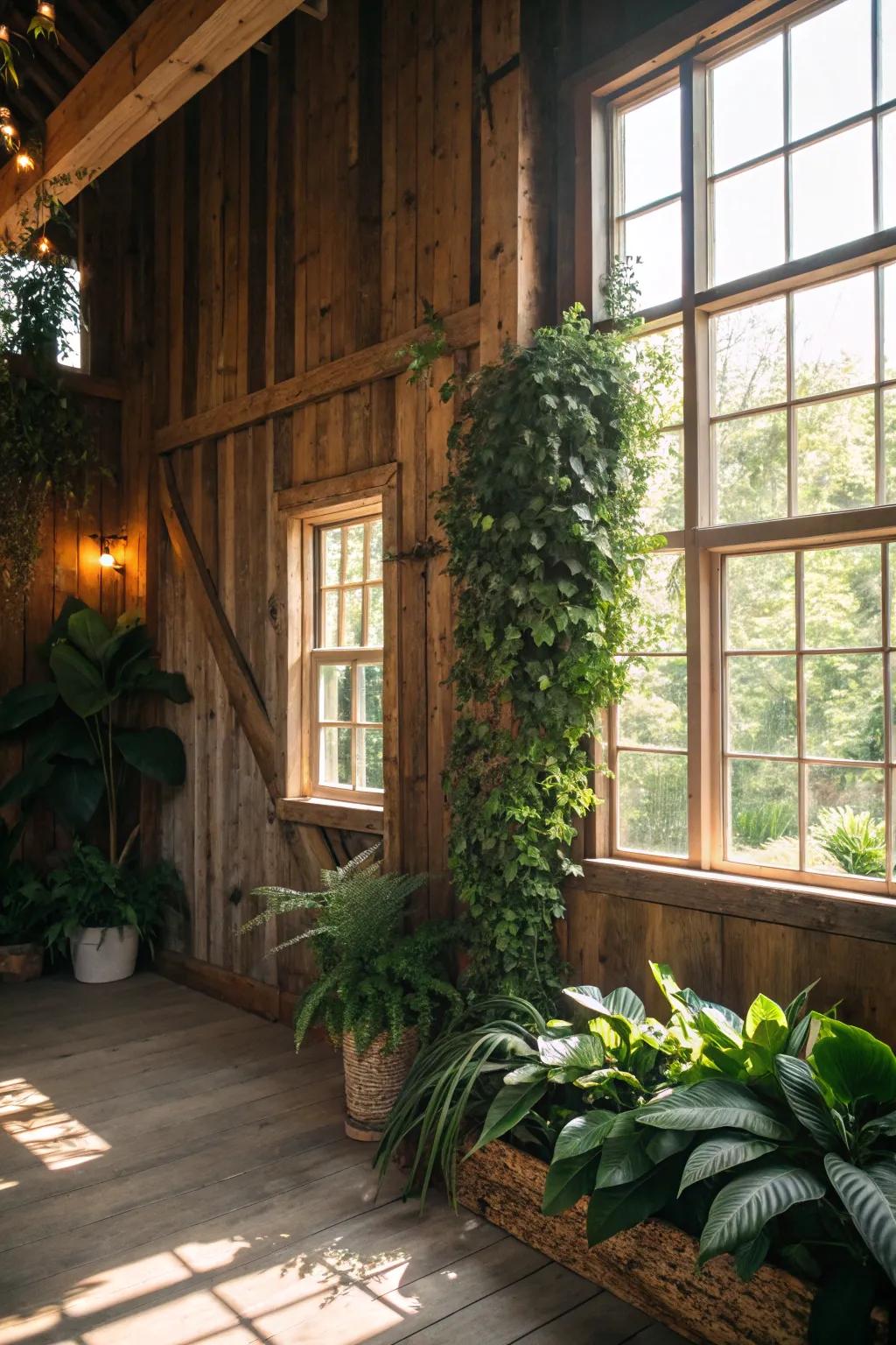 Welcome nature indoors utilizing barn wood and foliage.