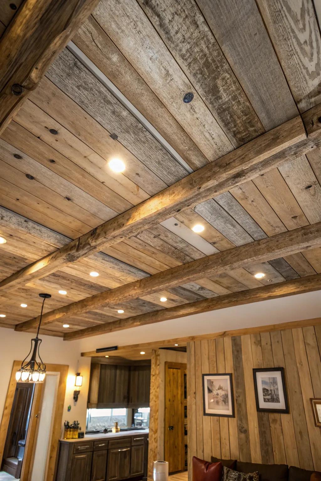 Barnwood panels adding countryside charm to a ceiling.