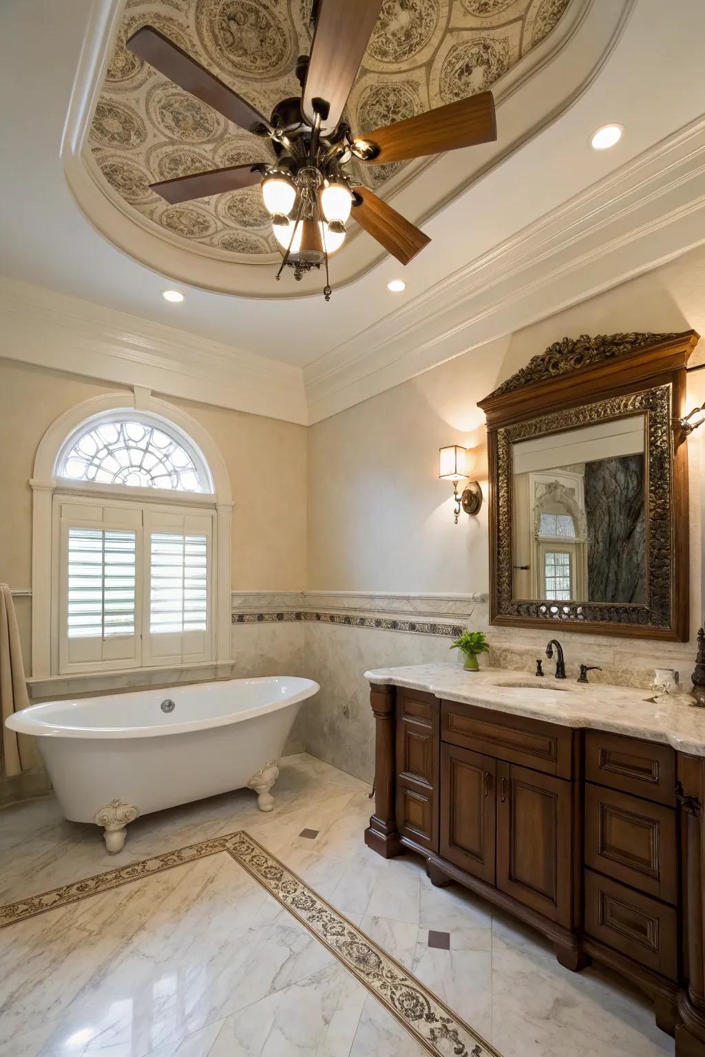 A traditional bathroom that features an elegant fan design.