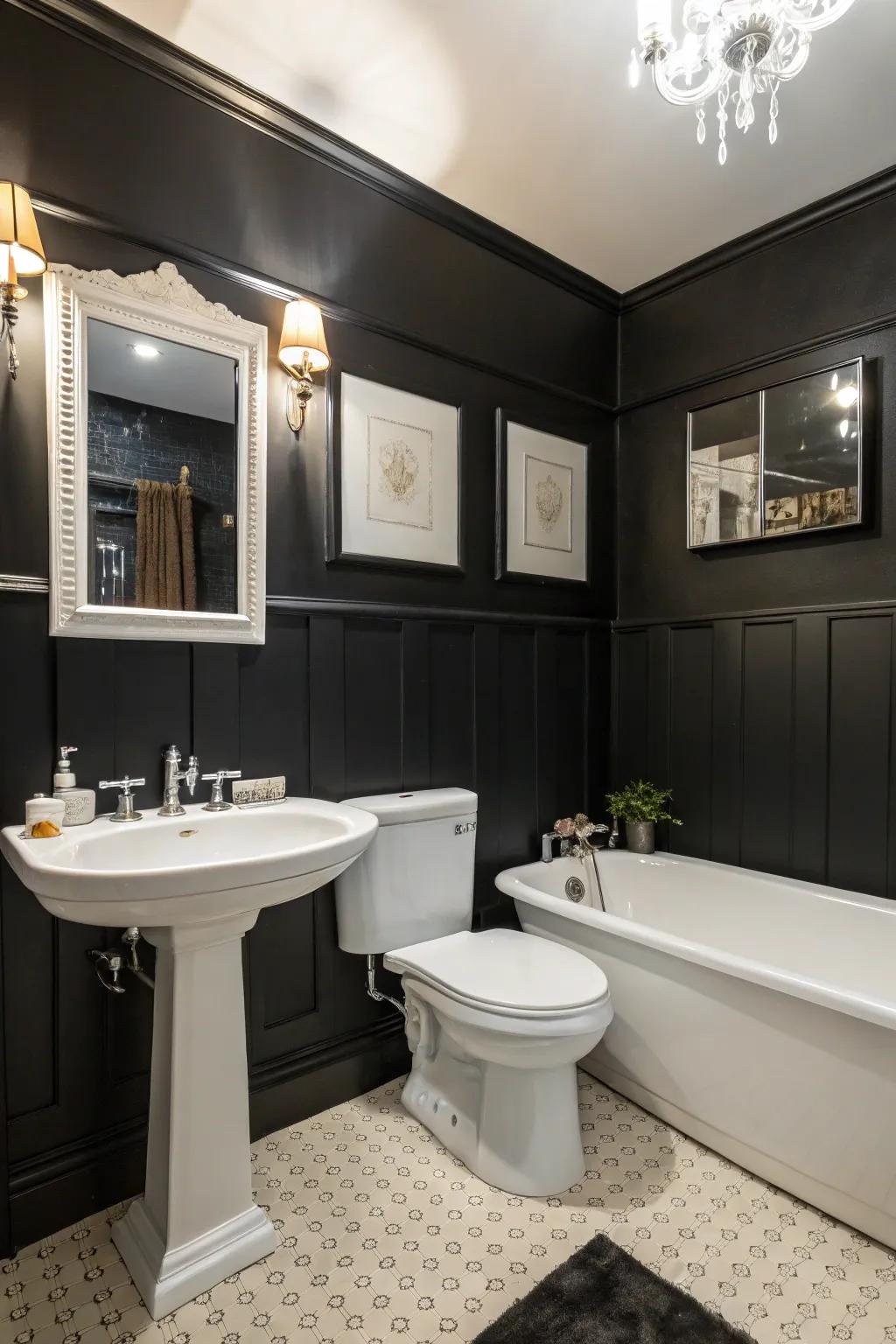 Black walls evoke a bold and dramatic bathroom statement.
