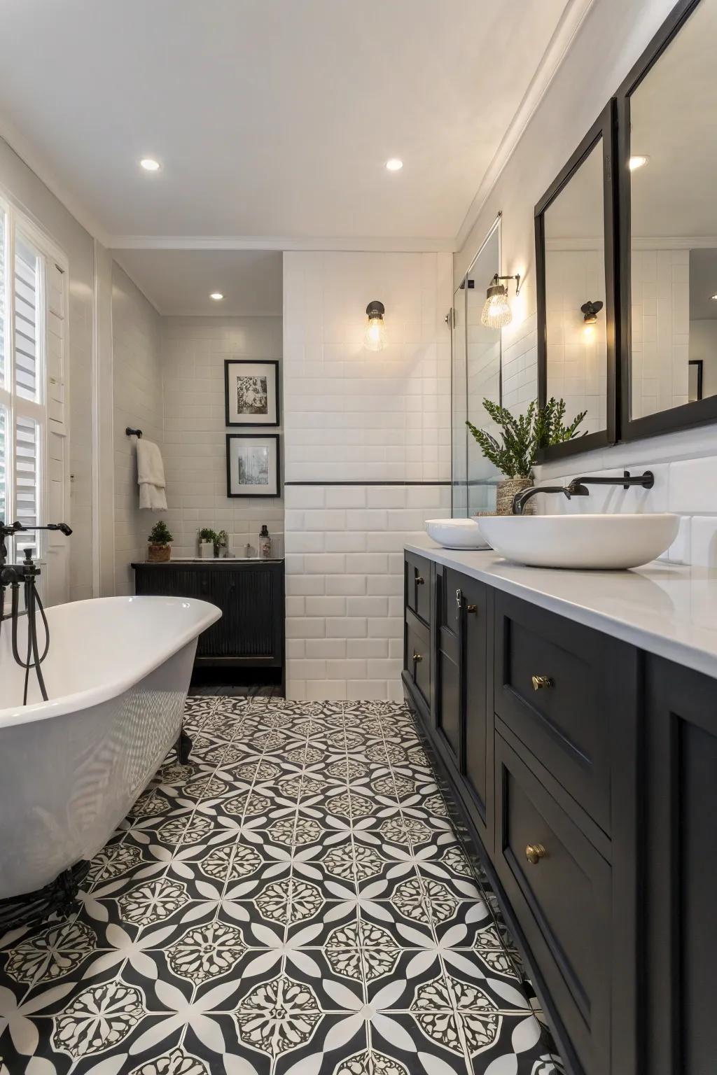 Monochrome plastic flooring adds timeless sophistication to this elegant bathroom.
