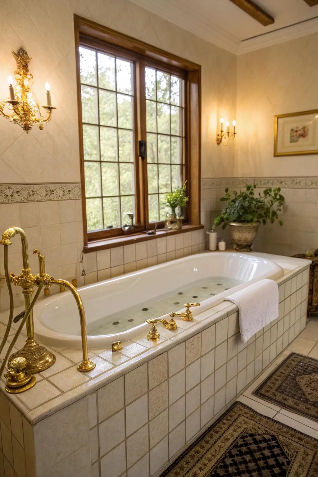 Gilded components contribute a sprinkle of opulence to this bathtub area.