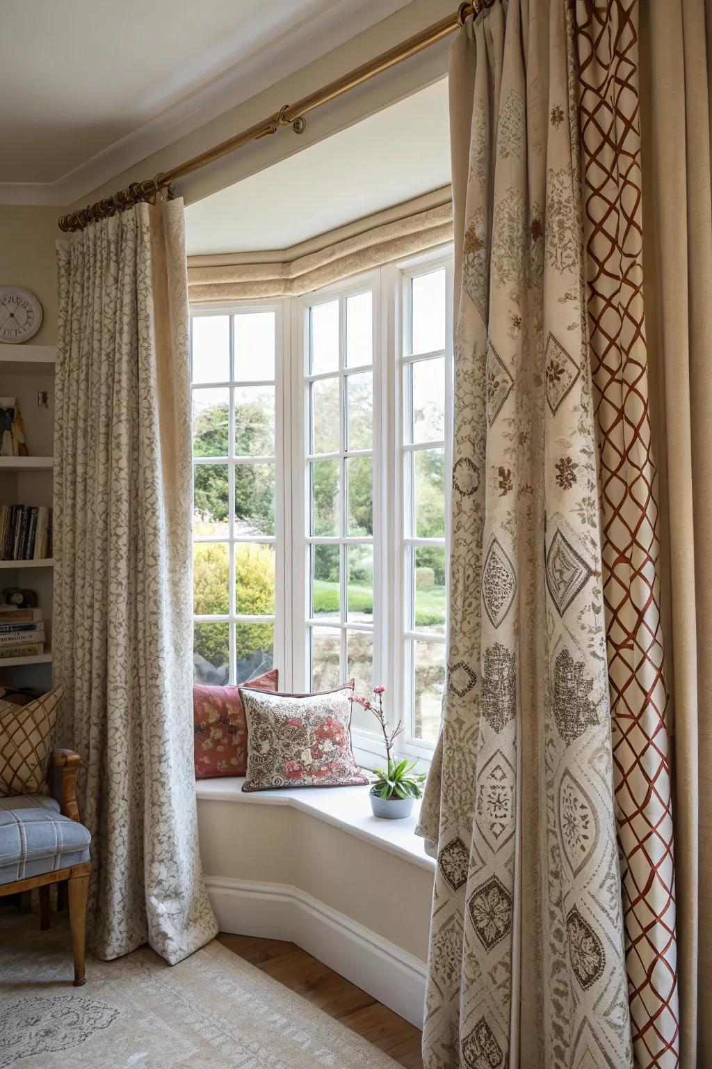 Hand-crafted curtains contribute a unique and artisan touch to bay windows.