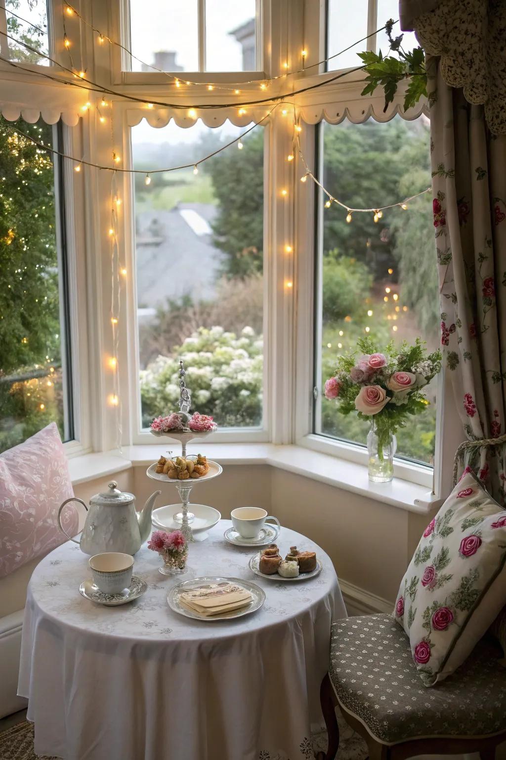 A whimsical tea spot in the bay window is perfect for enchanted afternoon gatherings.