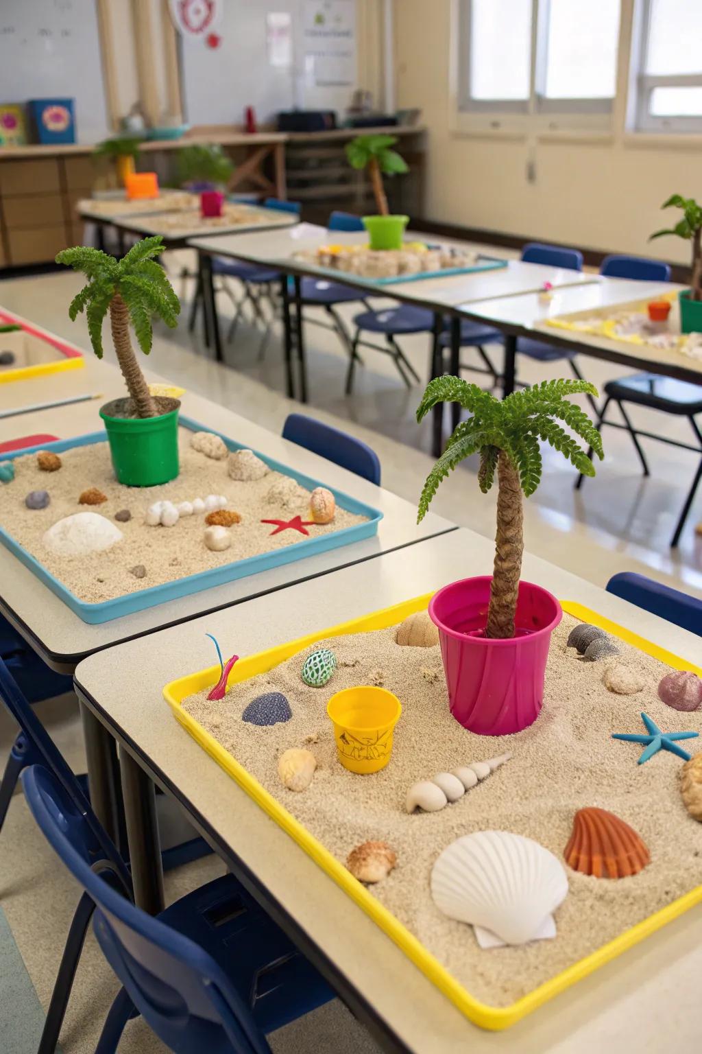 Coastal-themed table arrangements fashion a harmonious and charming classroom atmosphere.