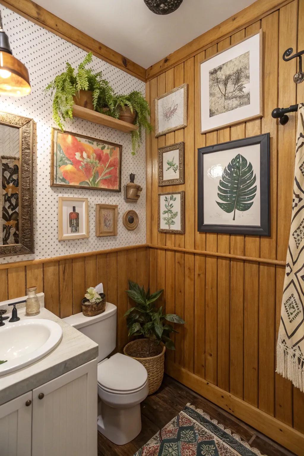 Artwork on plank panelling adds a personal touch.