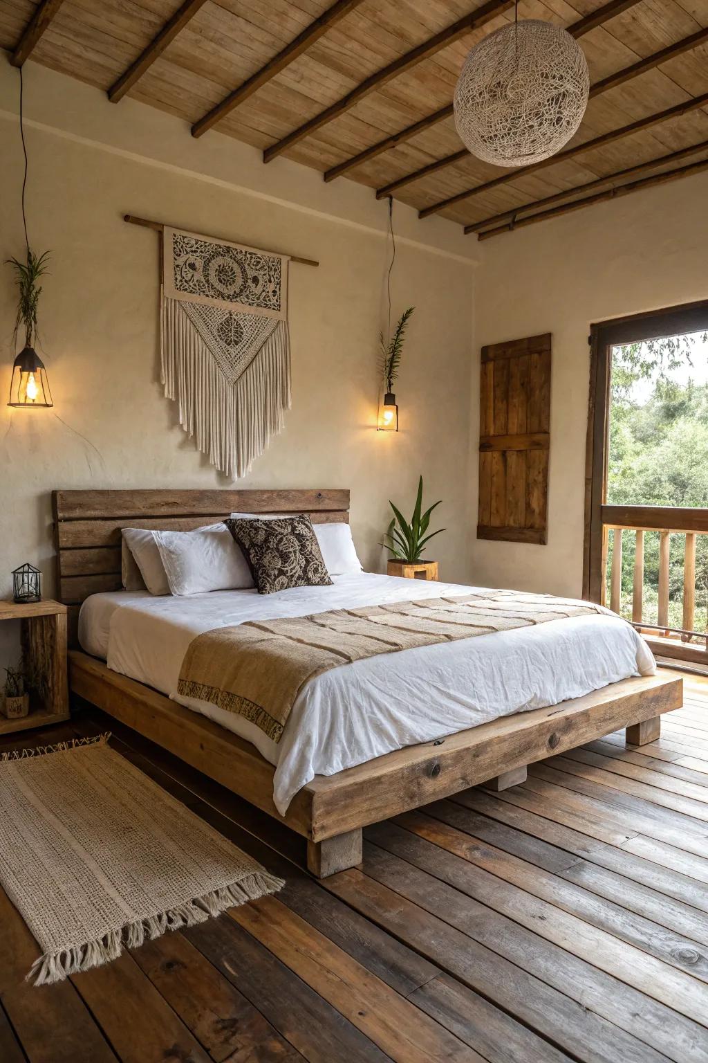 Earthy wood slats provide a grounded and natural bedroom atmosphere.