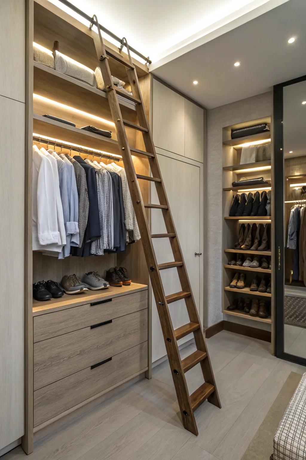 A ladder provides access to high storage while adding charm.