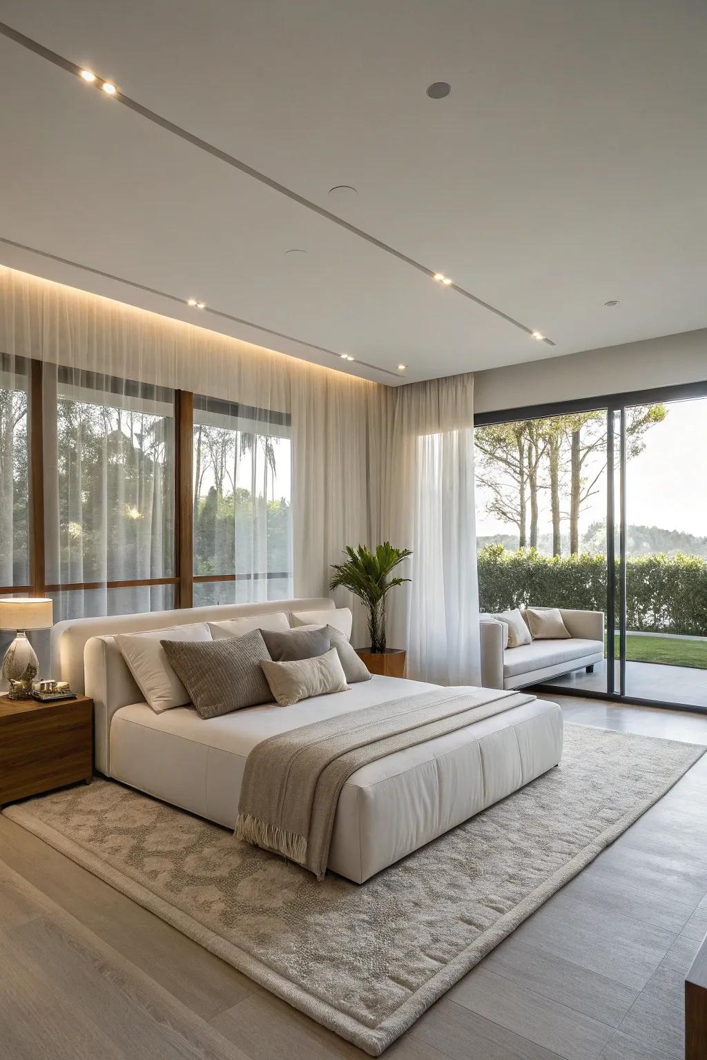 An avant-garde sectional organically interwoven within a bedroom expanse, rendering copious seating opportunities alongside its clearly modern stylistic qualities.