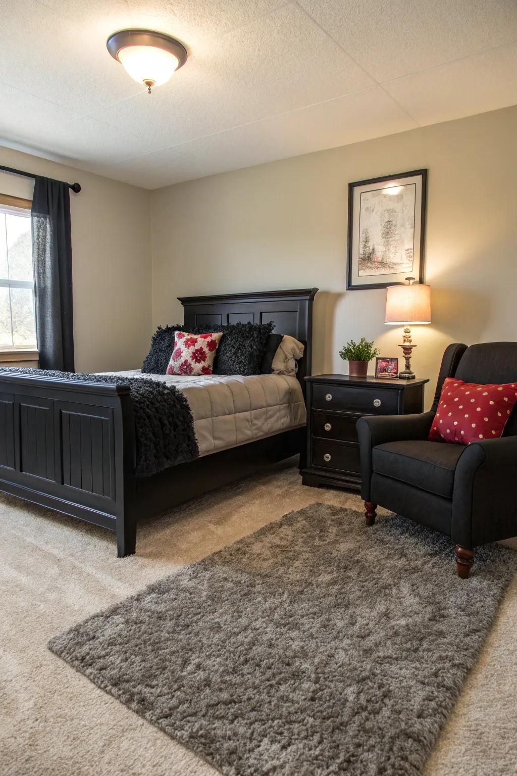 A plush floor covering softens and balances a bedroom with bold ebony furniture.