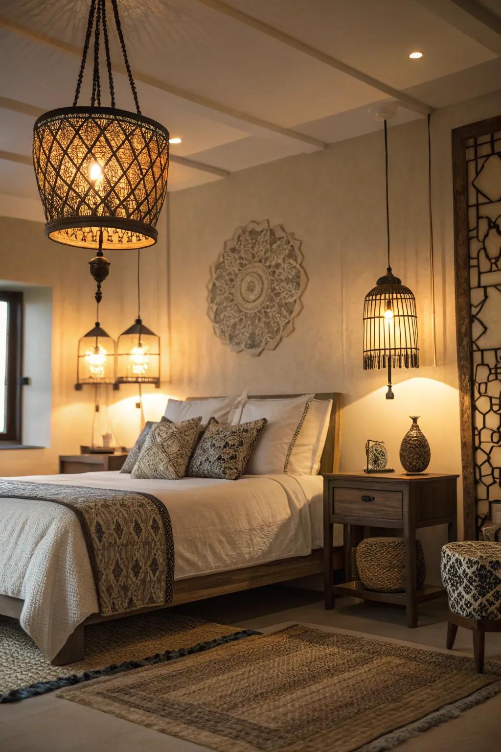 Arranged lighting enhances both ambiance and functionality in the bedroom.
