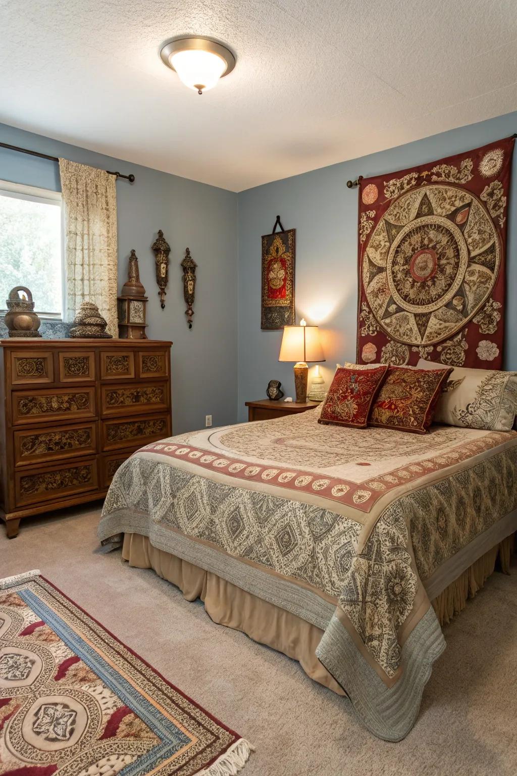 Culture styles add depth to the bedroom.
