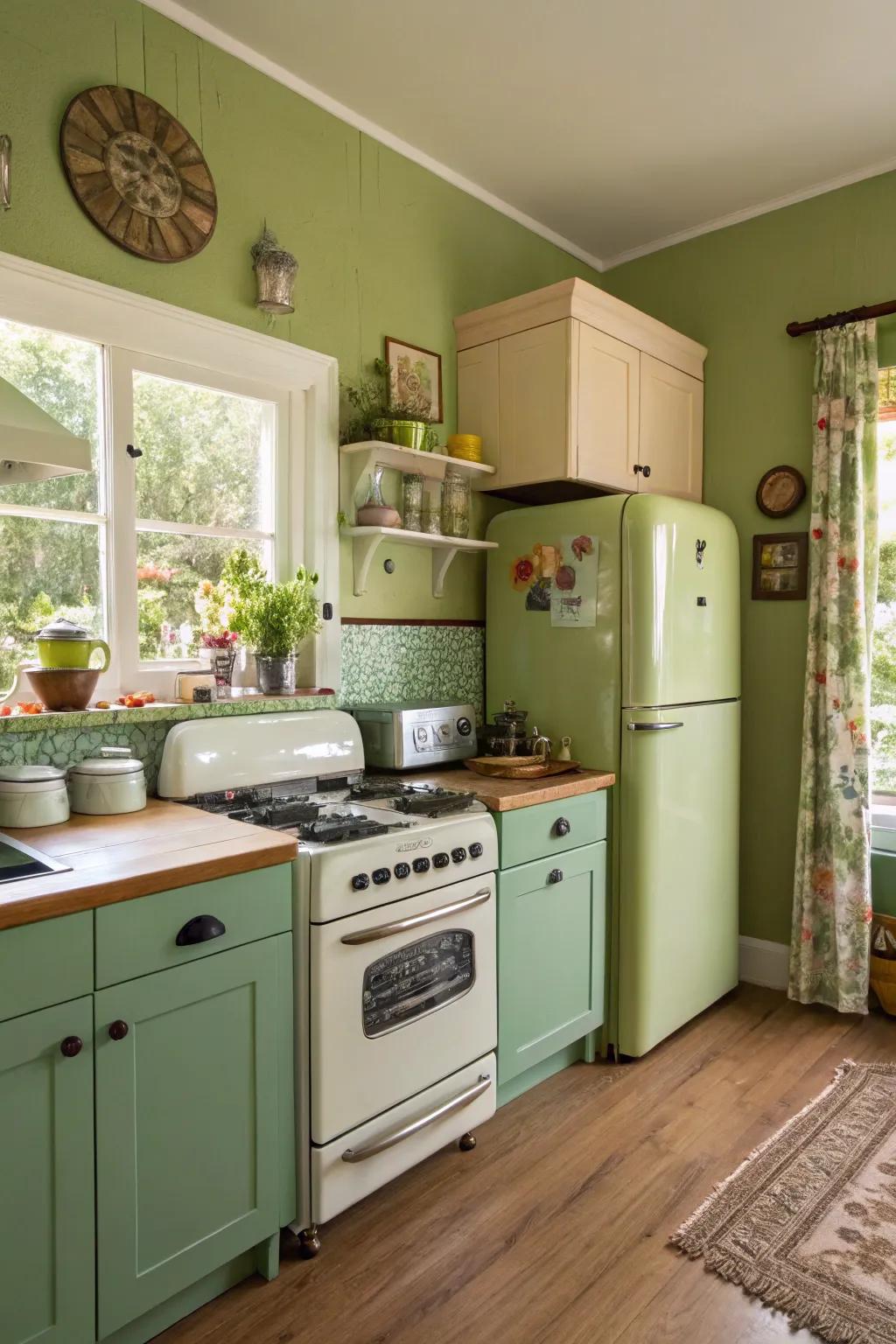 A stylish kitchen with retro bean green walls.