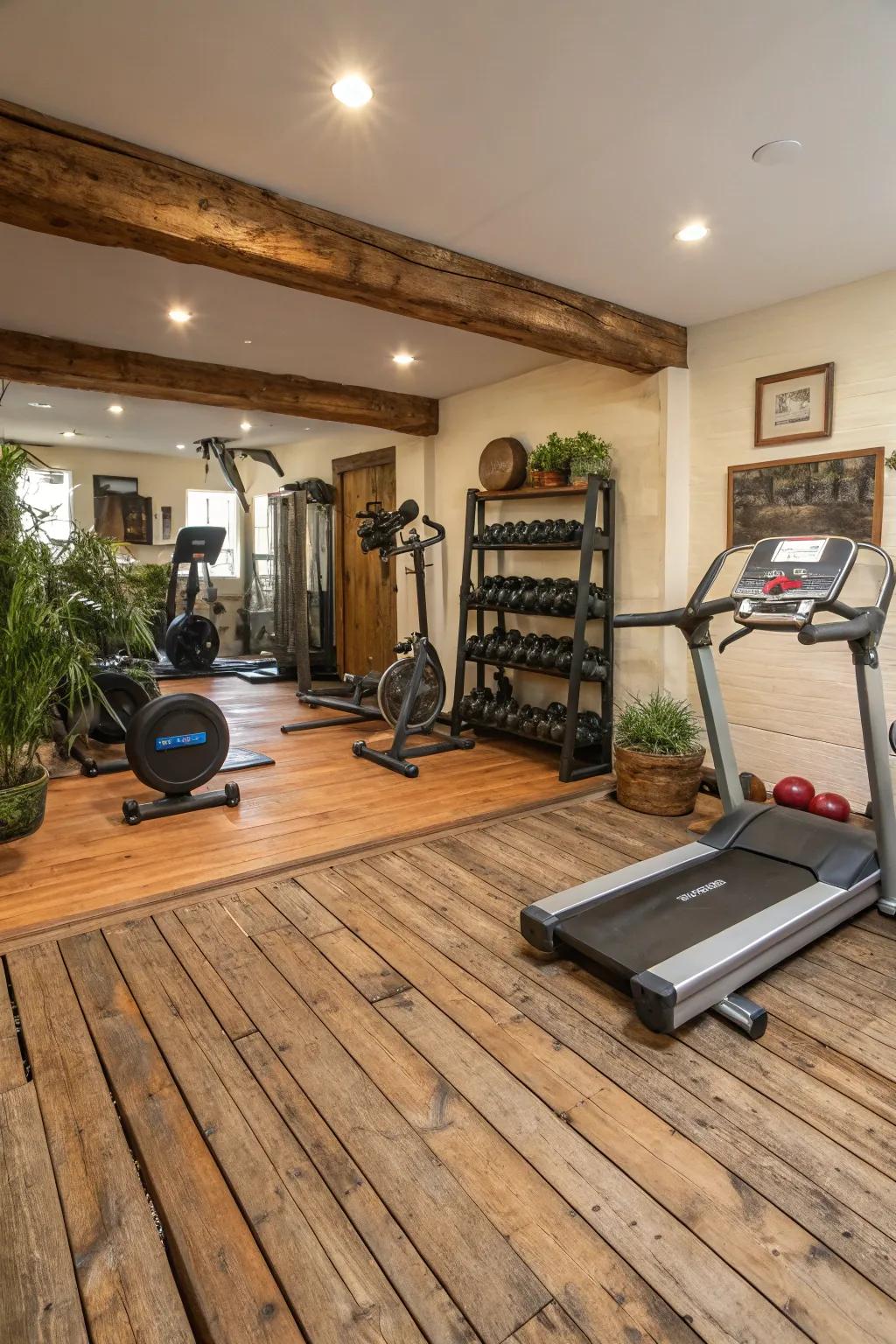 Reclaimed wood adds warmth and sustainability to your gym design.