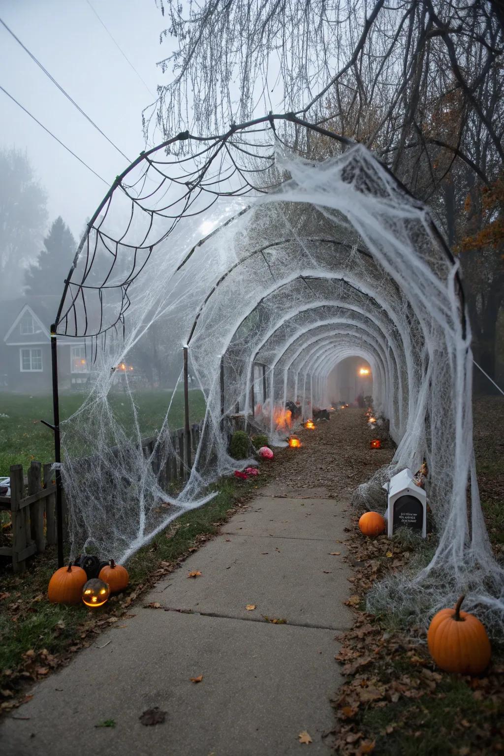 An arachnid silk passage entices visitors to navigate its intricate maze.